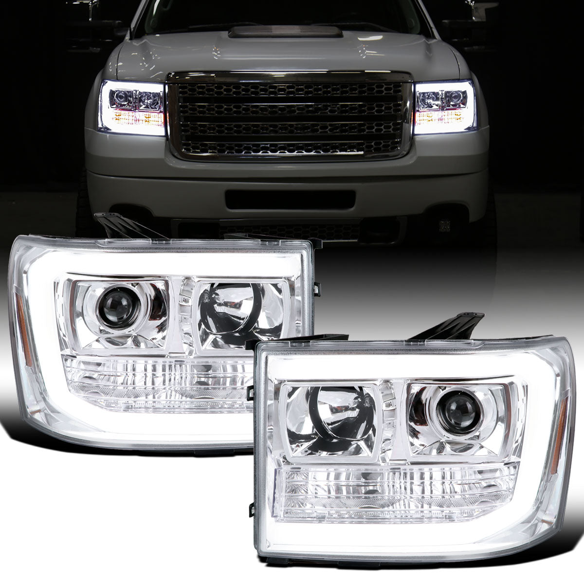 Ronnin - Fits 2007-2014 GMC Sierra 1500 Hybrid Denali 1500HD 2500HD 3500HD Upgraded LED Tube Projector Headlights Assembly Pair | Chrome