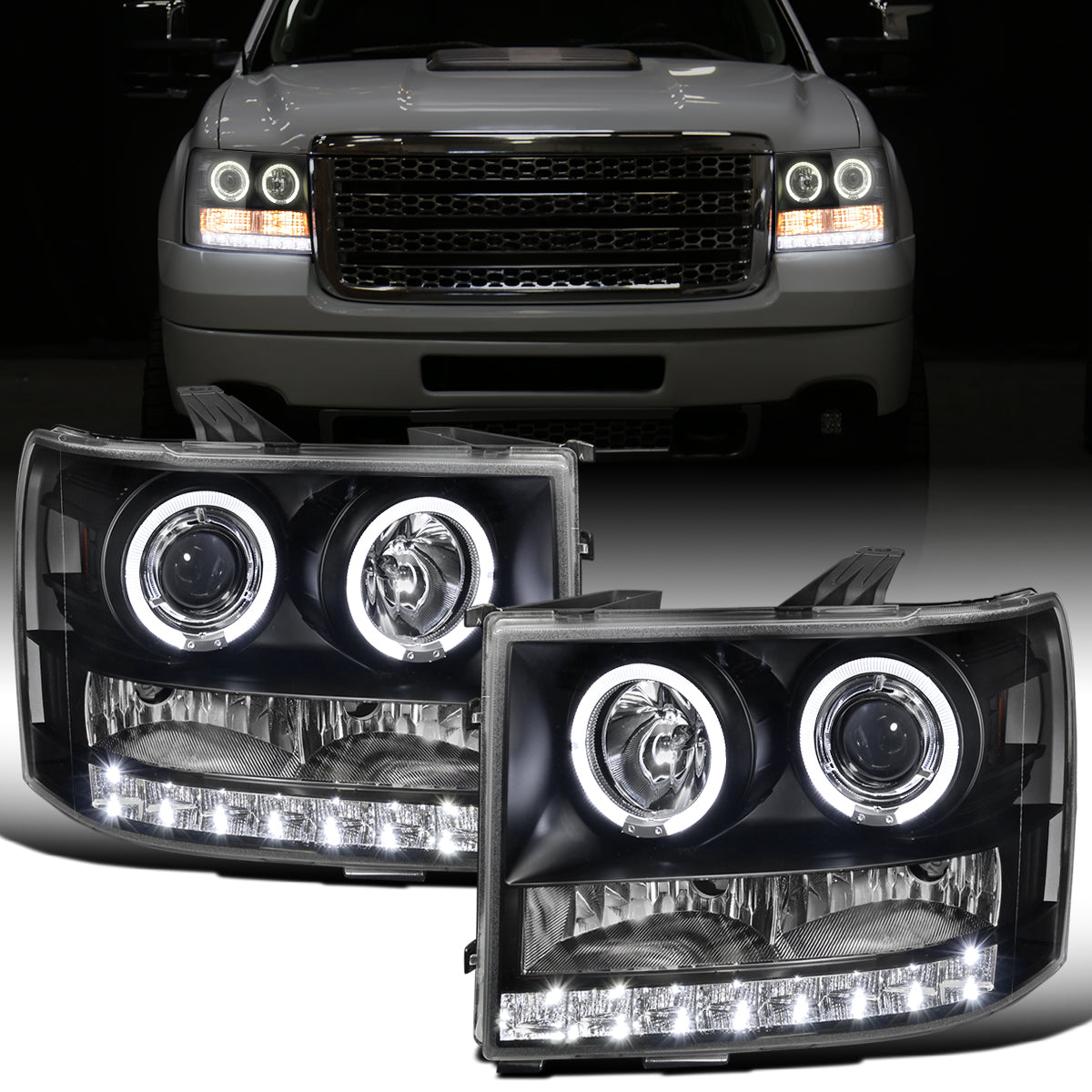 Ronnin - Fits 2007-2014 GMC Sierra 1500 Hybrid 1500HD 2500HD 3500HD Denali LED Dual Rims Projector Headlights Replacement Assembly Pair | Black