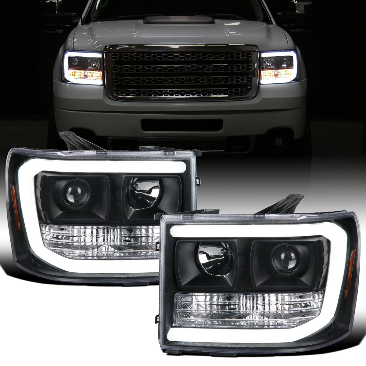 Ronnin - Fits 2007-2014 GMC Sierra 1500 Hybrid Denali 1500HD 2500HD 3500HD Upgraded LED Tube Projector Headlights Assembly Pair | Black
