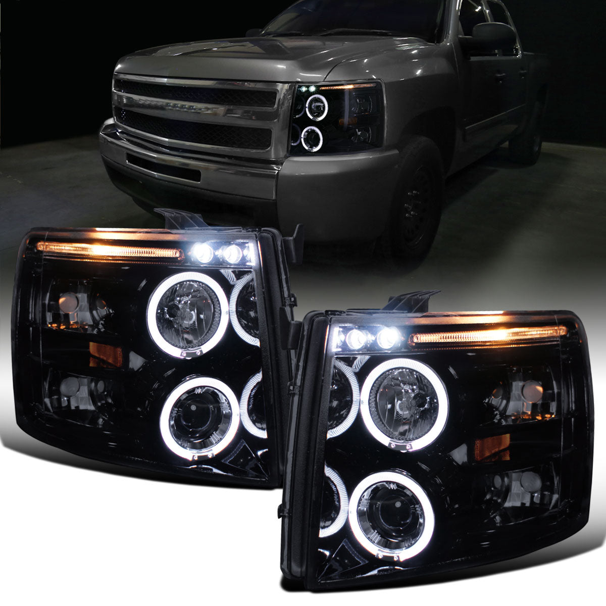 Ronnin - Fits 2007-2014 Chevy Silverado 1500 2500HD 3500HD LED Dual Rims Projector Headlights Assembly Pair | Black Smoke