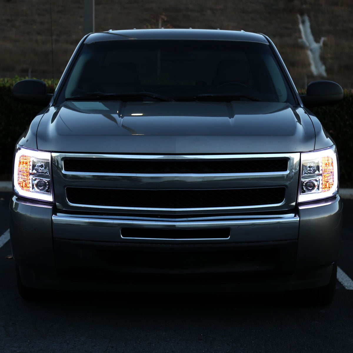 Ronnin - Fits 2007-2014 Chevy Silverado 1500 2500HD 3500HD Upgrade LED Running Light Tube Projector Headlights Assembly Pair | Chrome