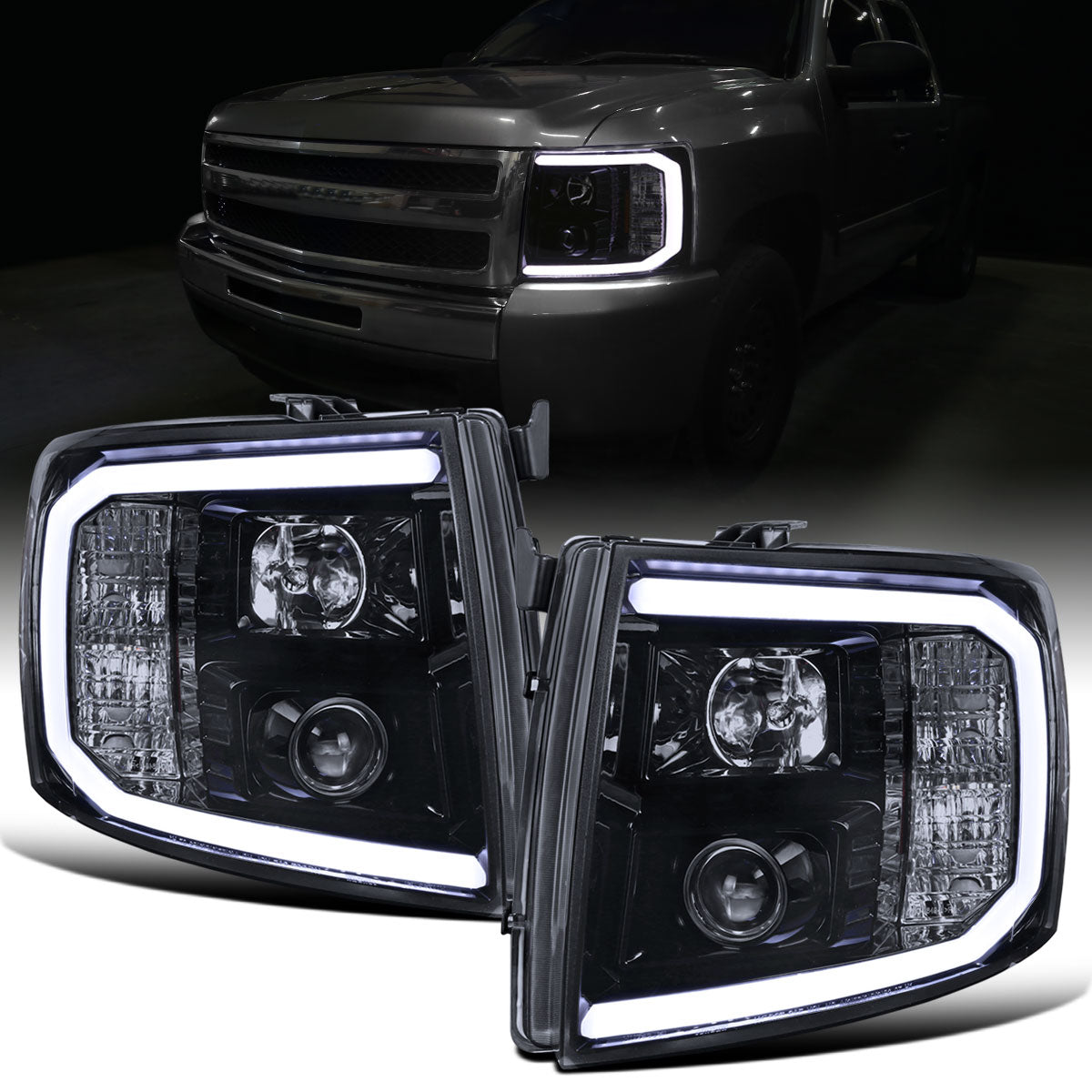Ronnin - Fits 2007-2014 Chevy Silverado 1500 2500HD 3500HD Upgrade LED Running Light Tube Projector Headlights Assembly Pair | Black Smoke