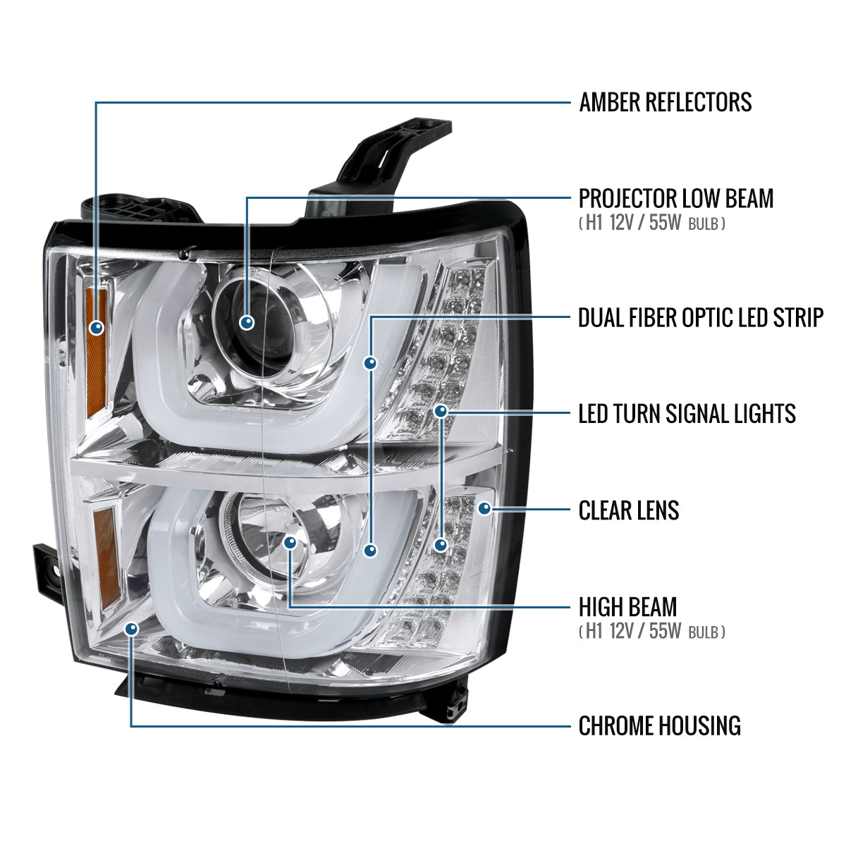 Ronnin - Fits 2014-2015 Chevy Silverado 1500 LED Running and Turn Signal Lights Projector Headlights Assembly Pair | Chrome