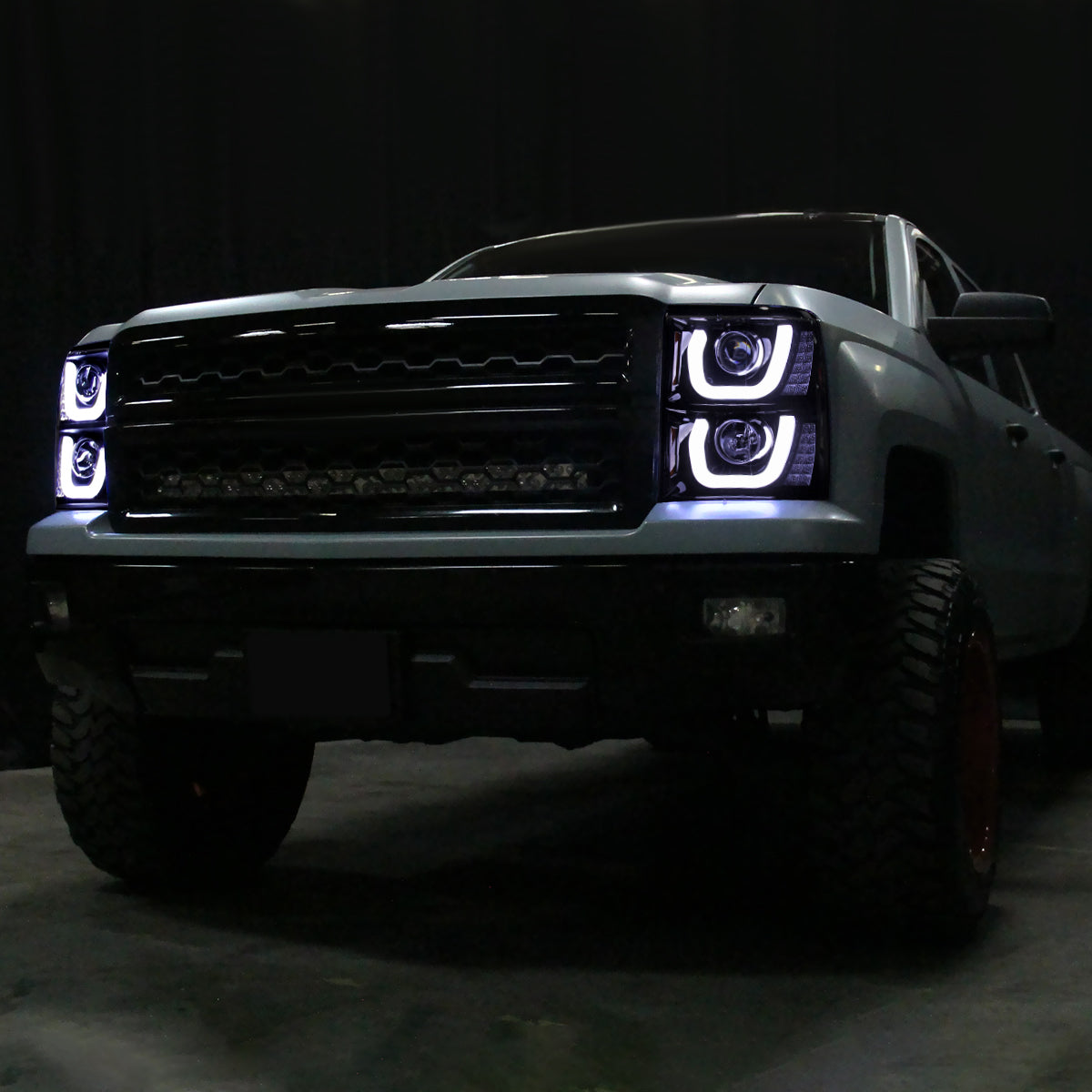 Ronnin - Fits 2014-2015 Chevy Silverado 1500 LED Running and Turn Signal Lights Projector Headlights Assembly Pair | Black Smoke