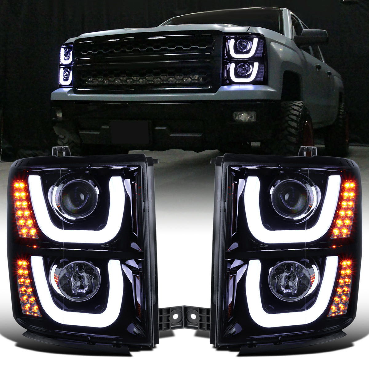 Ronnin - Fits 2014-2015 Chevy Silverado 1500 LED Running and Turn Signal Lights Projector Headlights Assembly Pair | Black Smoke