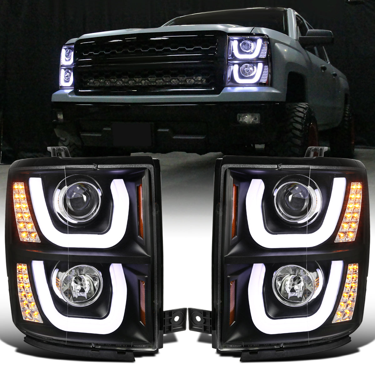 Ronnin - Fits 2014-2015 Chevy Silverado 1500 LED Running and Turn Signal Lights Projector Headlights Assembly Pair | Black