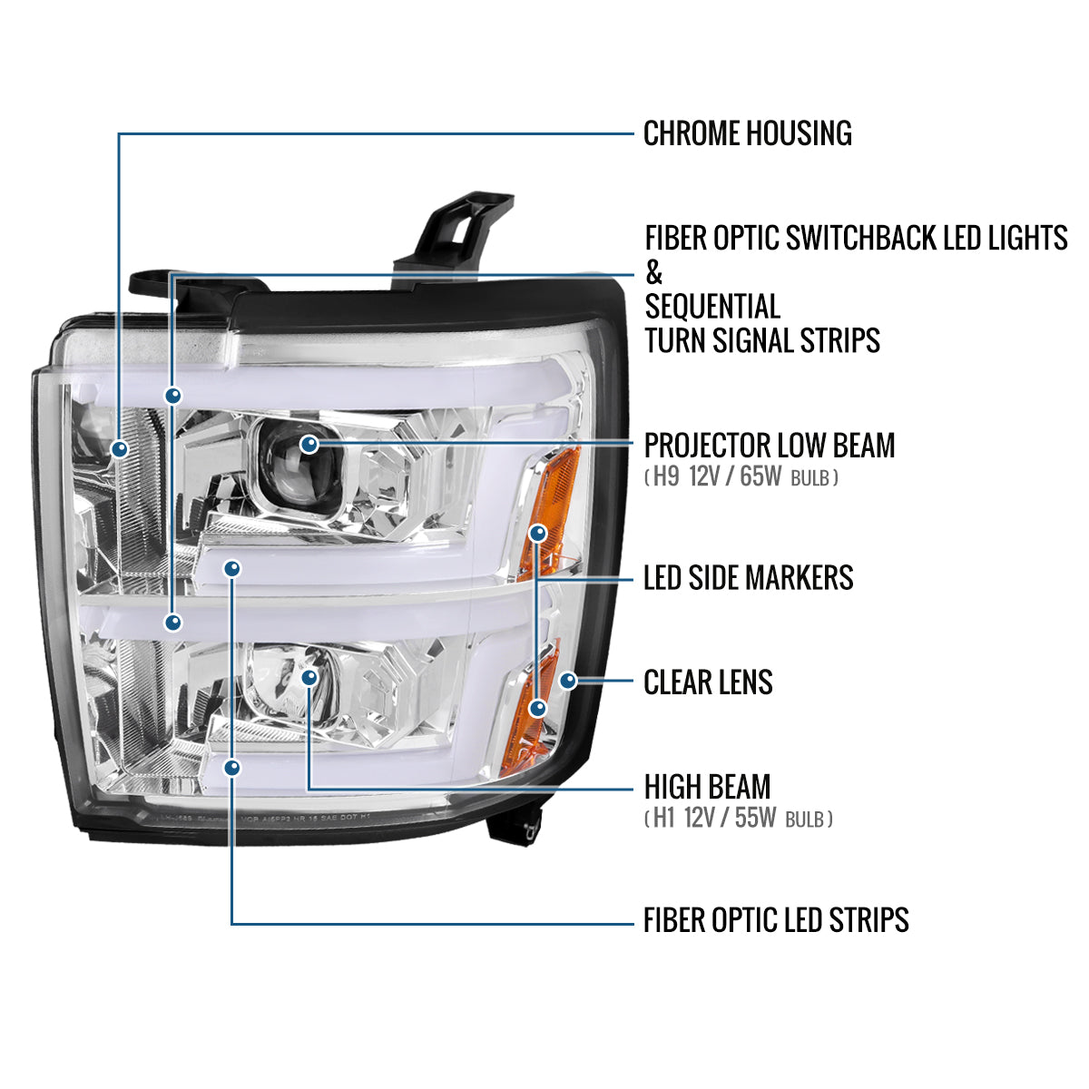 Ronnin - Fits 2015-2019 Chevy Silverado 2500HD 3500HD Projector Headlights Switchback LED Sequential Turn Signal + Animated Startup Effect Pair | Chrome
