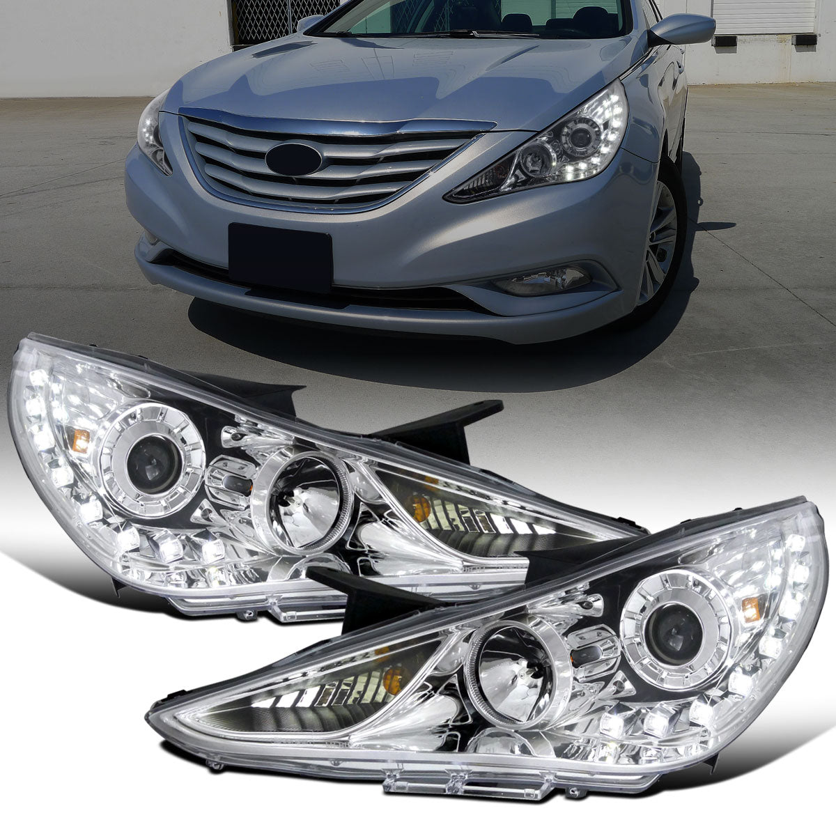 Ronnin - Fits 2011-2014 Hyundai Sonata Halogen Projector Headlights LED Running Lights Assembly Pair | Chrome