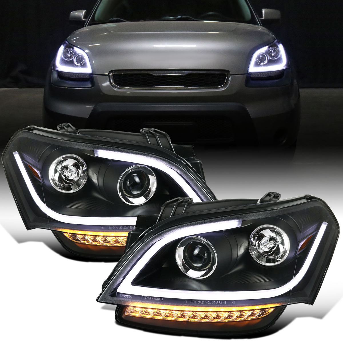 Ronnin - Fits 2010-2011 Kia Soul LED Tube Turn Signal Lights Projector Headlights Assembly Replacement Pair | Black