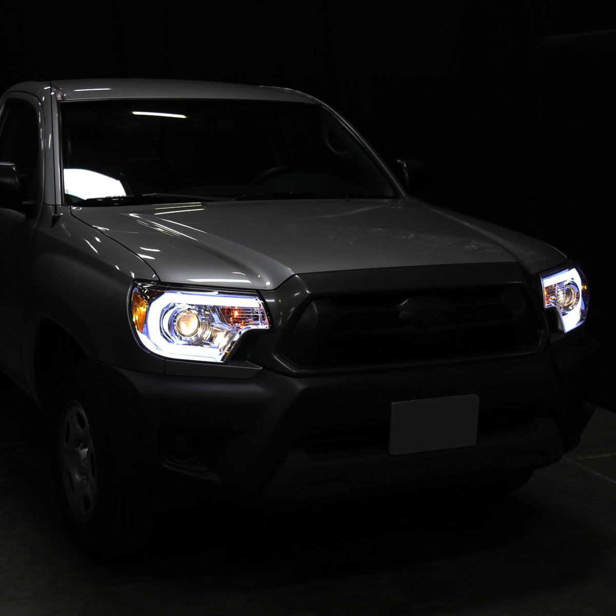 Ronnin - Fits 2012-2015 Toyota Tacoma Upgraded LED Tube Running Lights Projector Headlights Assembly Pair | Chrome