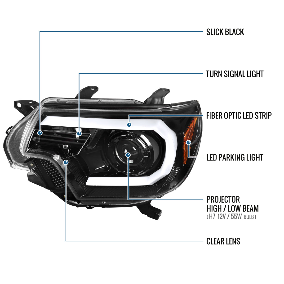 Ronnin - Fits 2012-2015 Toyota Tacoma Upgraded LED Tube Running Lights Projector Headlights Assembly Pair | Gloss Black