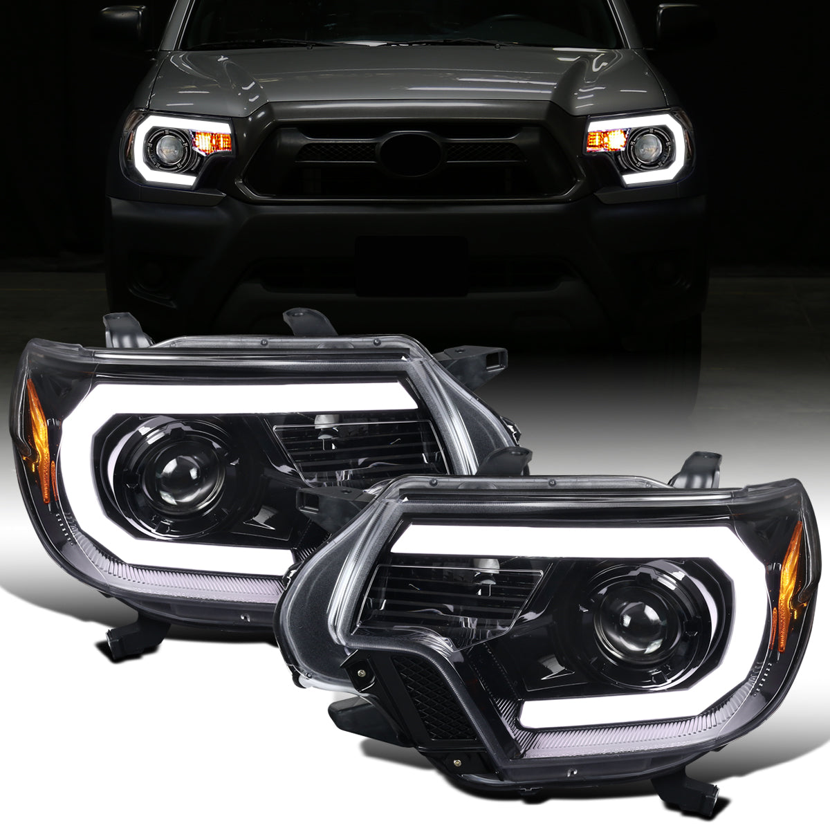 Ronnin - Fits 2012-2015 Toyota Tacoma Upgraded LED Tube Running Lights Projector Headlights Assembly Pair | Gloss Black