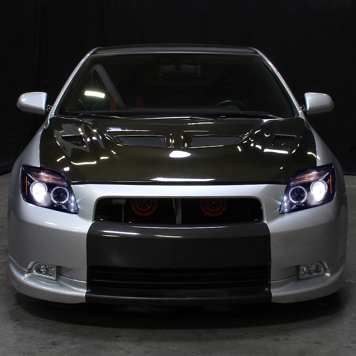 Ronnin - Fits 2005-2010 Scion tC LED Halo Rims Projector Headlights Upgrade Assembly Pair | Black Smoke