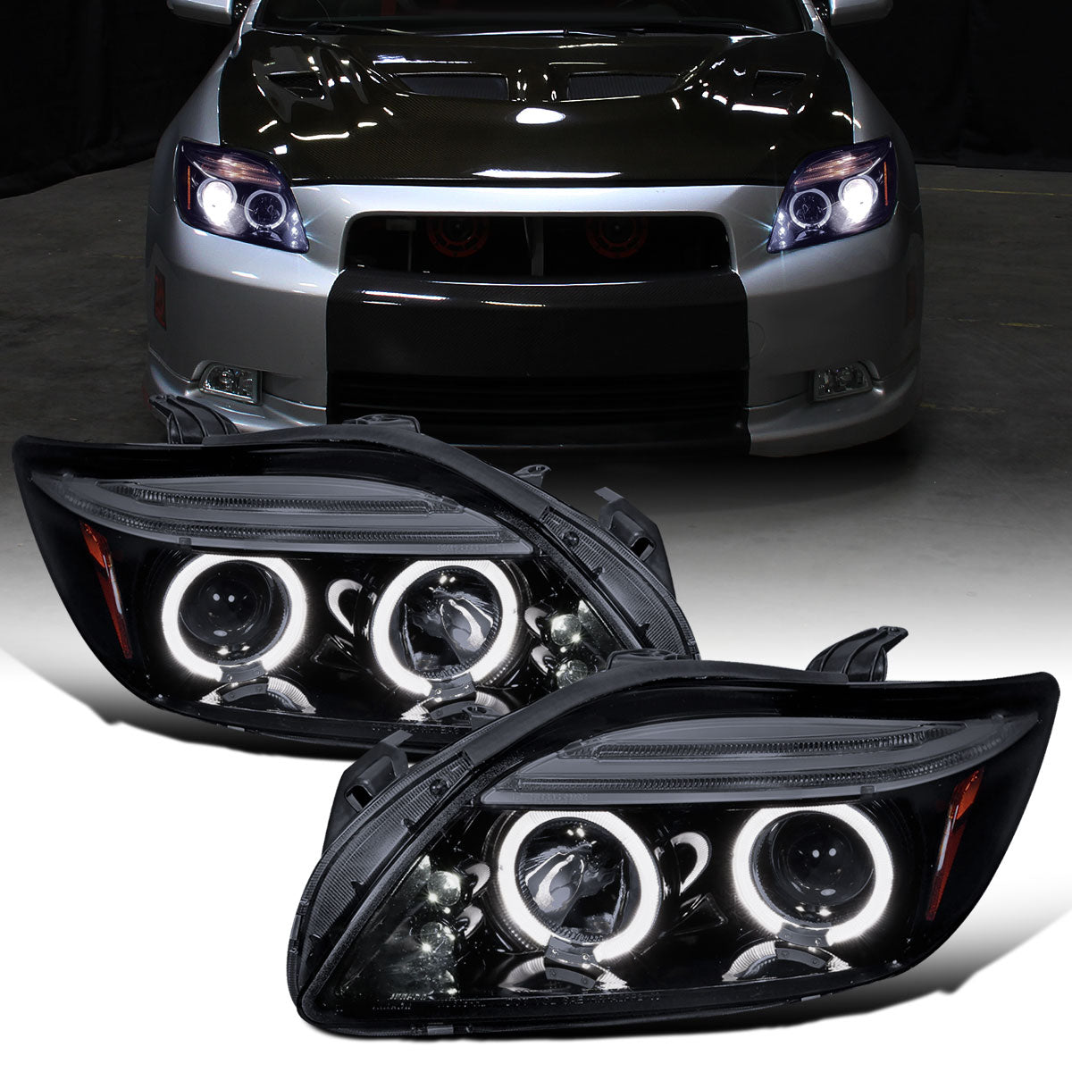 Ronnin - Fits 2005-2010 Scion tC LED Halo Rims Projector Headlights Upgrade Assembly Pair | Black Smoke