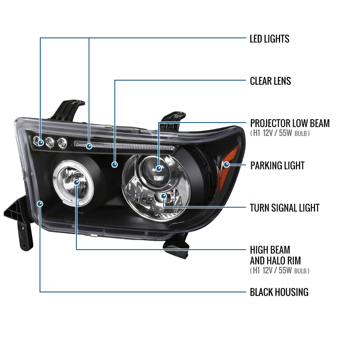 Ronnin - Fits 2007-2017 Toyota Tundra Sequoia Upgrade Replacement LED Rim Projector Headlights Assembly Pair | Black