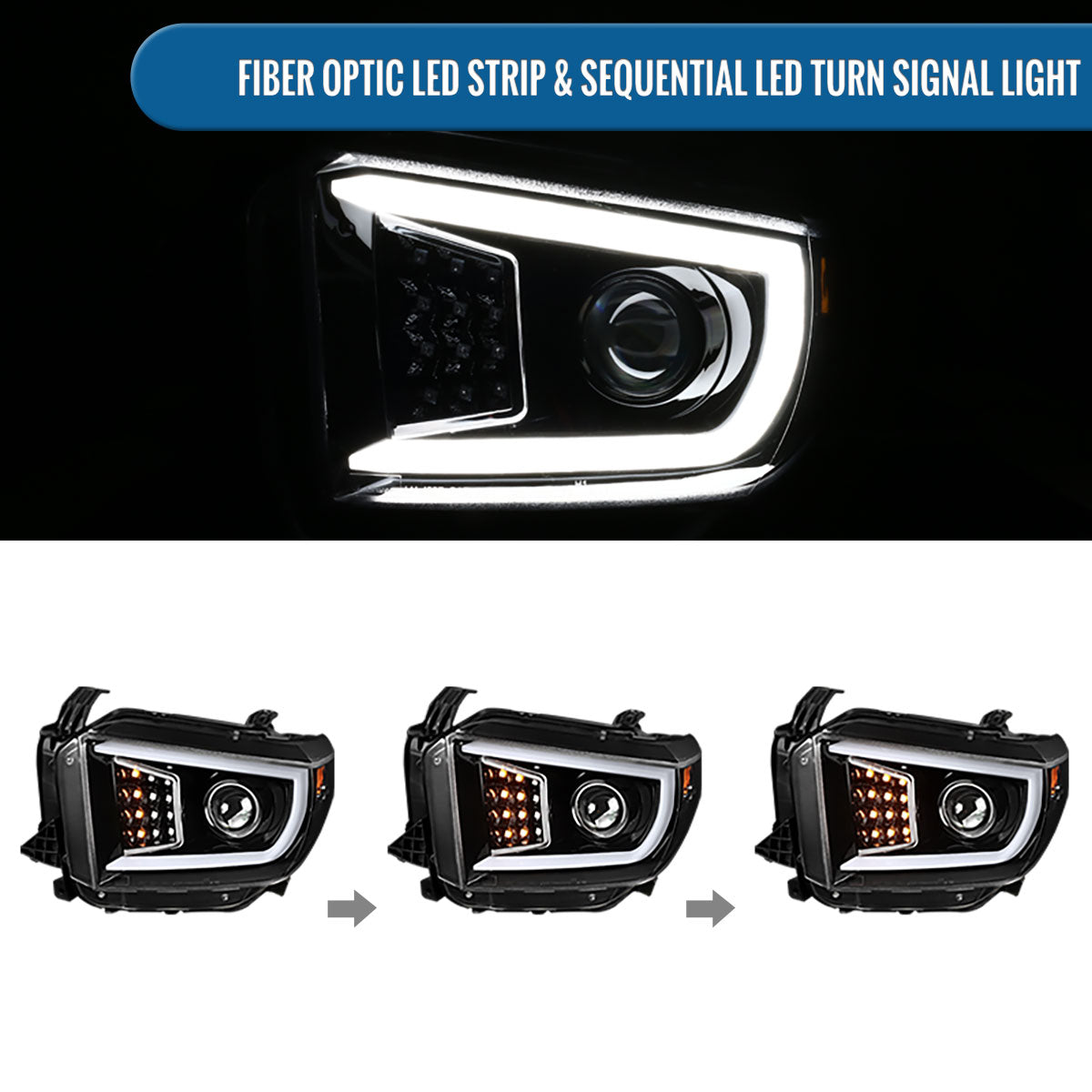Ronnin - Fits 2014-2021 Toyota Tundra LED Sequential Turn Signals Halogen Projector Headlights Assembly Pair | Gloss Black