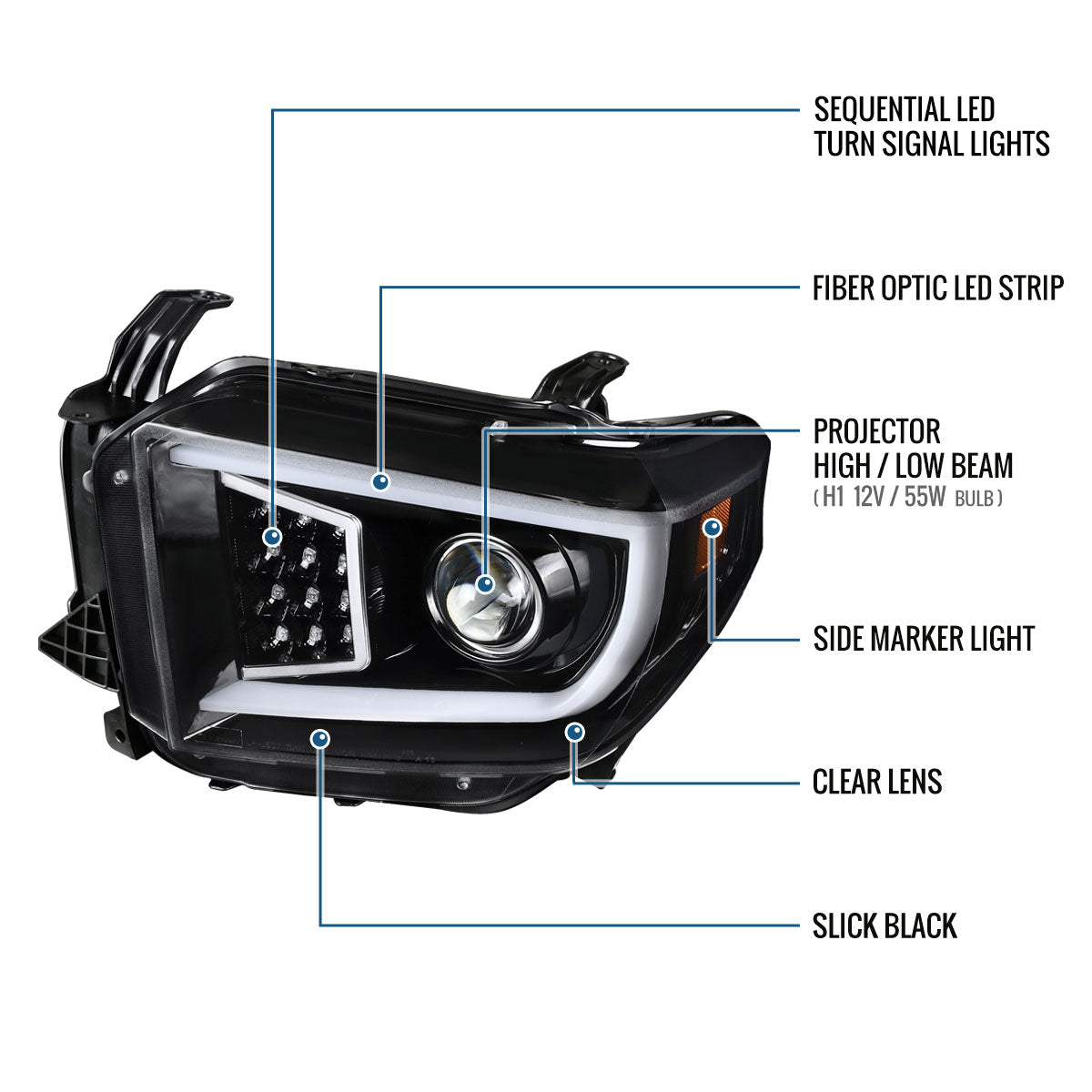 Ronnin - Fits 2014-2021 Toyota Tundra LED Sequential Turn Signals Halogen Projector Headlights Assembly Pair | Gloss Black