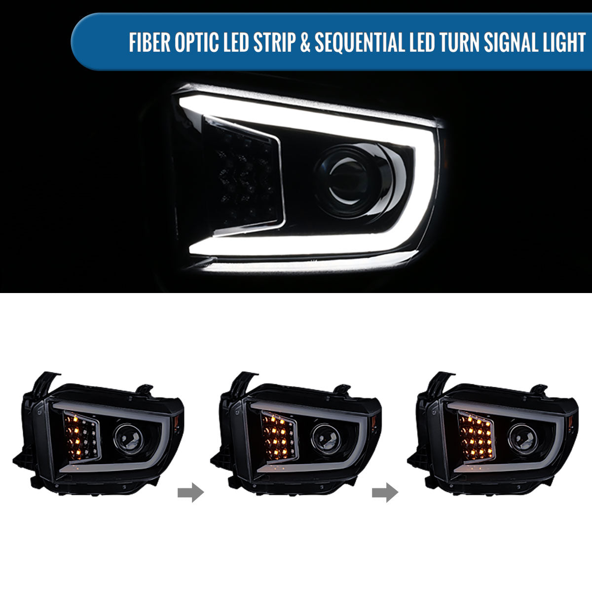 Ronnin - Fits 2014-2021 Toyota Tundra LED Sequential Turn Signals Halogen Projector Headlights Assembly Pair | Black Smoke