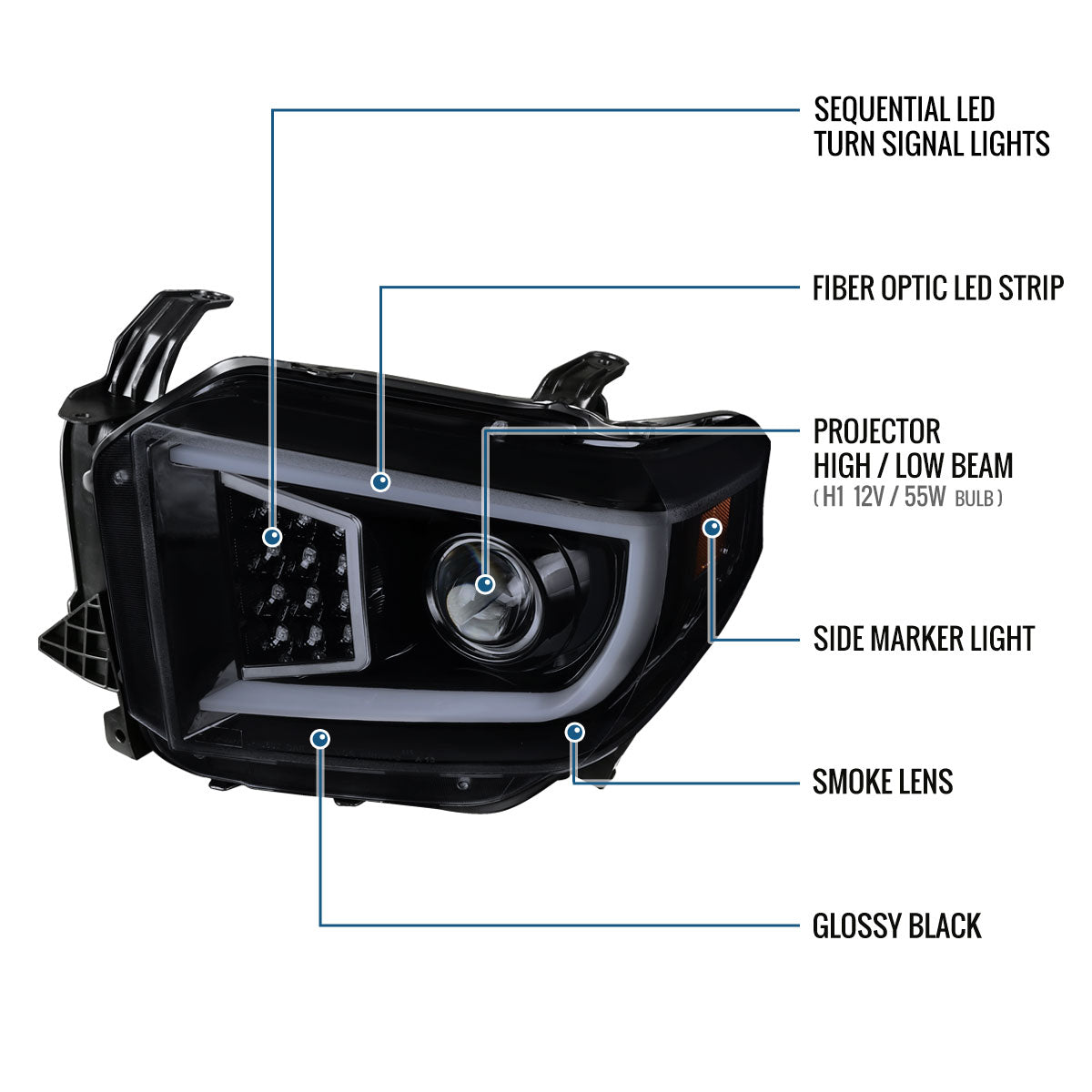 Ronnin - Fits 2014-2021 Toyota Tundra LED Sequential Turn Signals Halogen Projector Headlights Assembly Pair | Black Smoke
