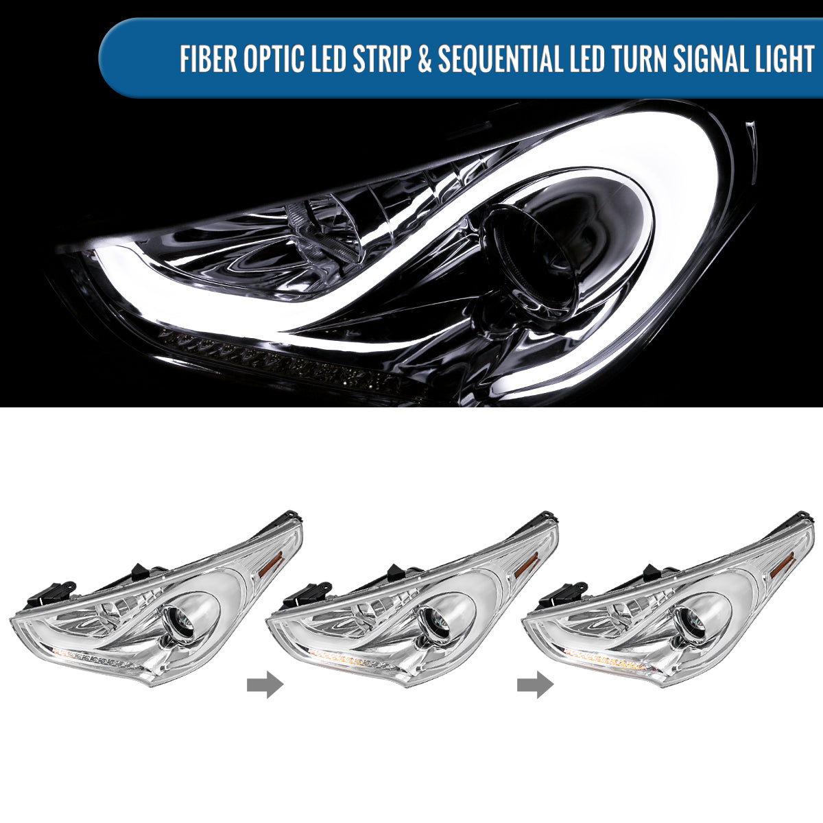 Ronnin - Fits 2012-2017 Hyundai Veloster Upgrade LED Running Light Tube Sequential Turn Signals Projector Headlights Assembly Pair | Chrome