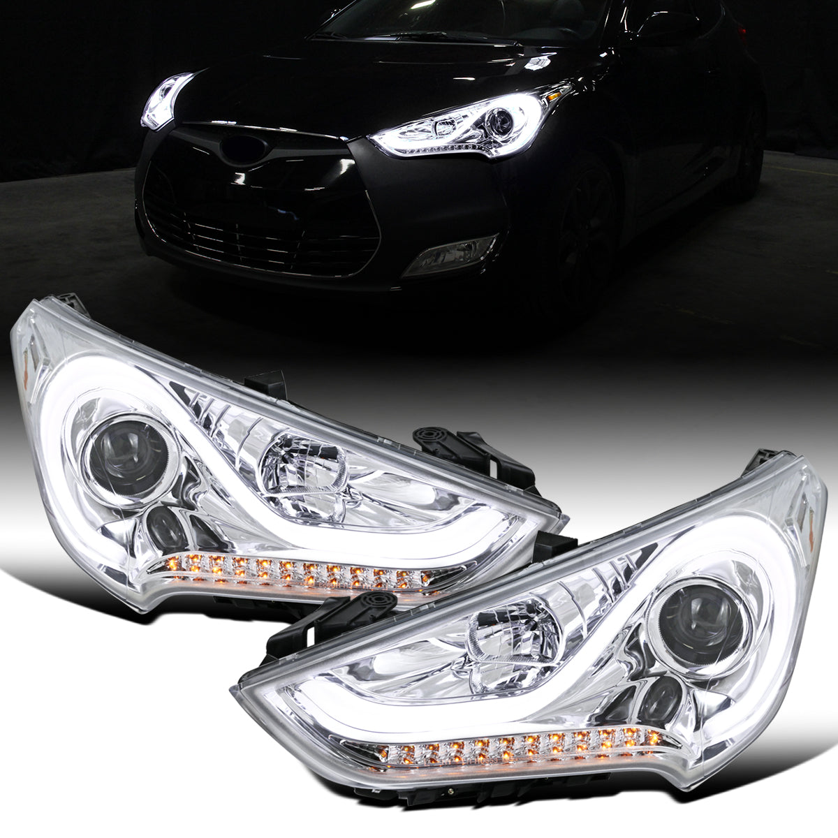 Ronnin - Fits 2012-2017 Hyundai Veloster Upgrade LED Running Light Tube Sequential Turn Signals Projector Headlights Assembly Pair | Chrome