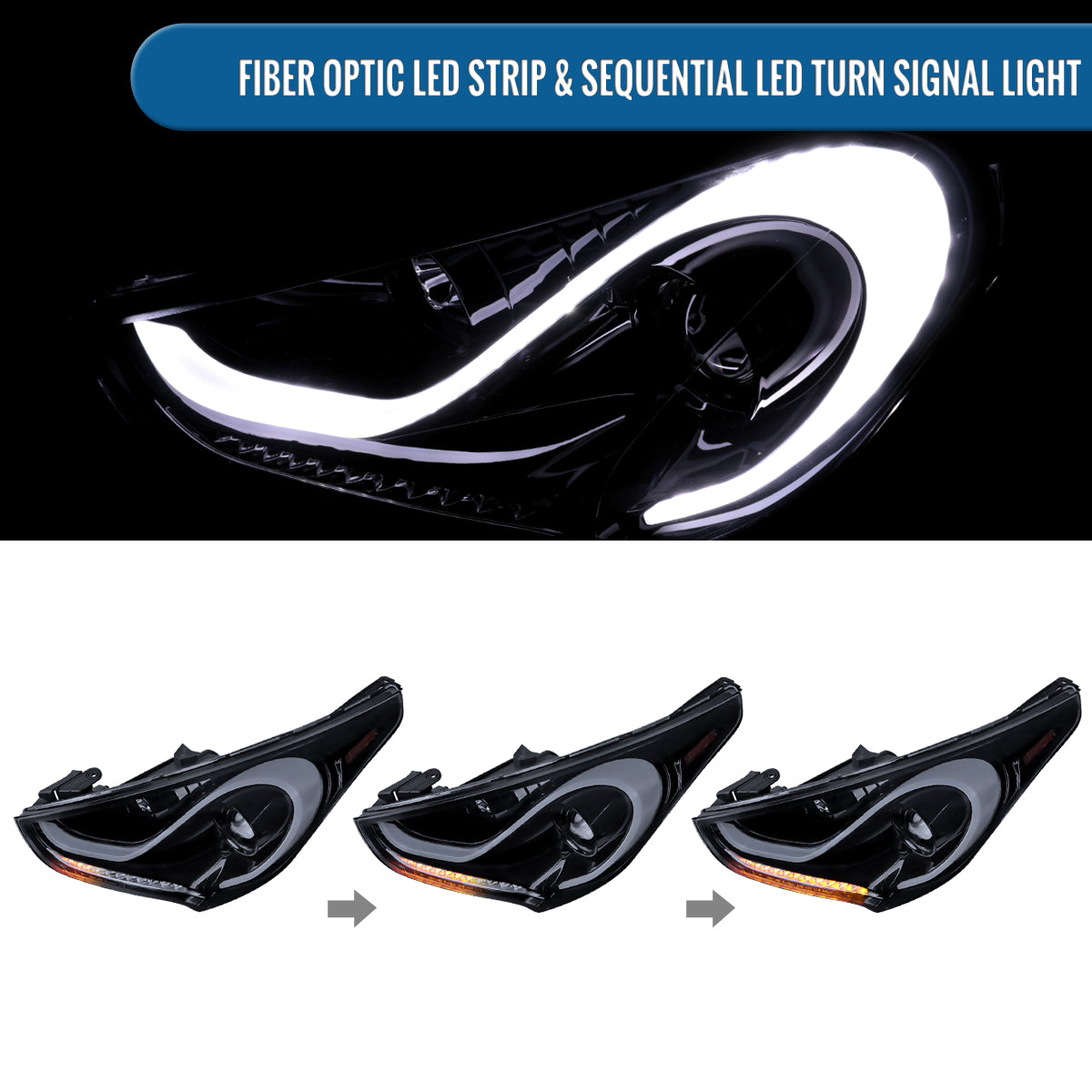 Ronnin - Fits 2012-2017 Hyundai Veloster Upgrade LED Running Light Tube Sequential Turn Signals Projector Headlights Assembly Pair | Black Smoke