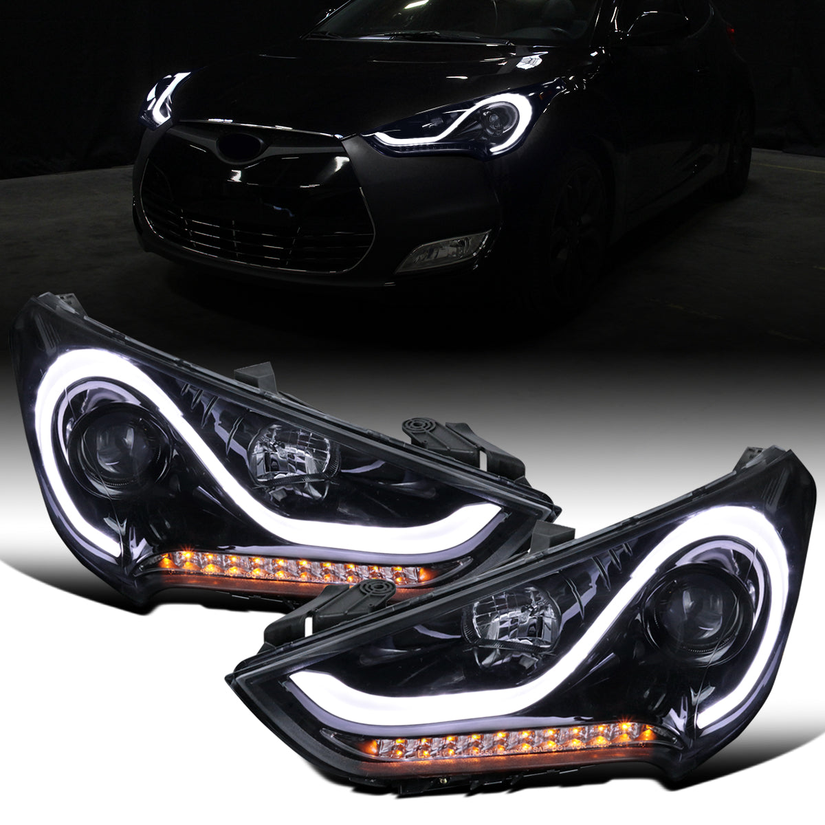 Ronnin - Fits 2012-2017 Hyundai Veloster Upgrade LED Running Light Tube Sequential Turn Signals Projector Headlights Assembly Pair | Black Smoke