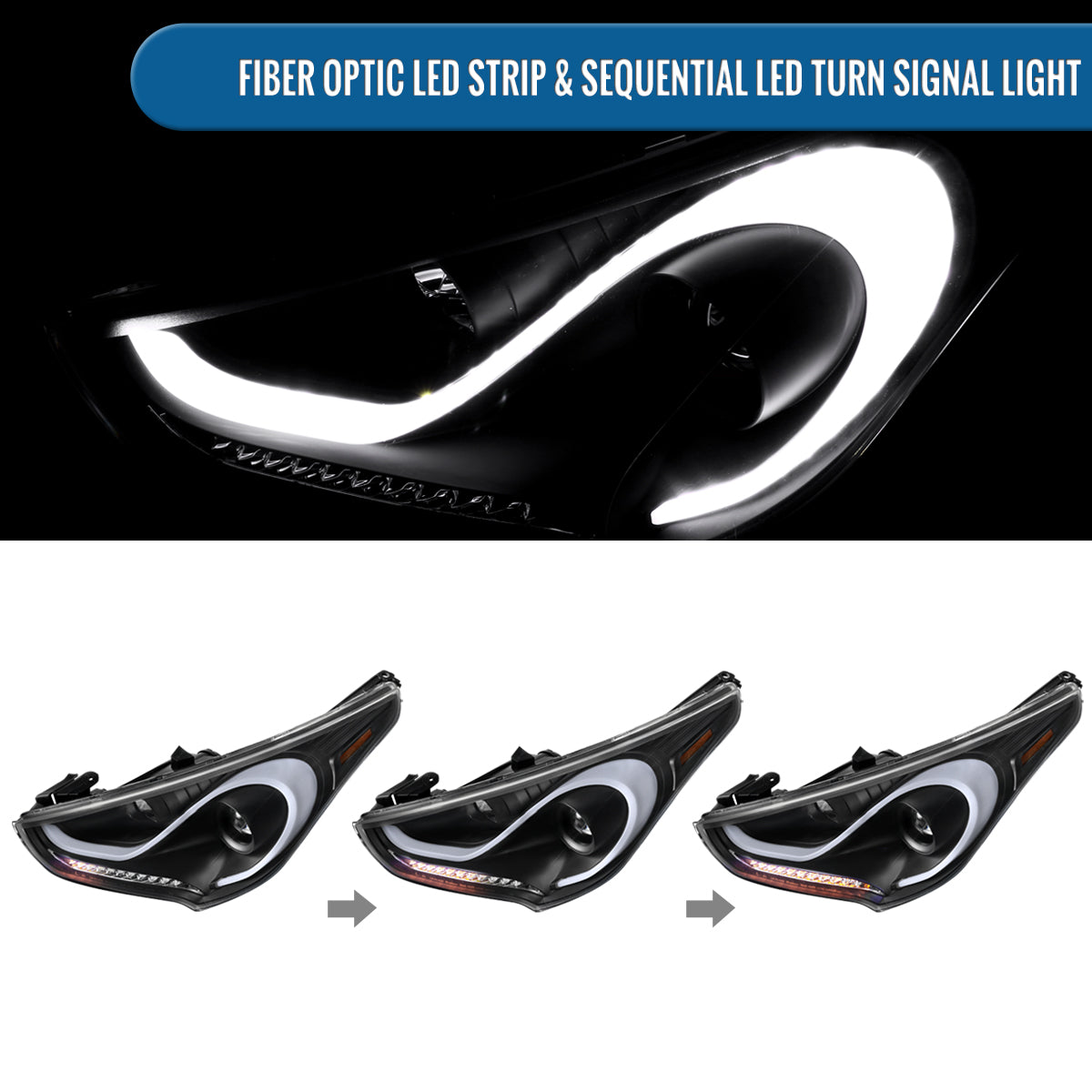 Ronnin - Fits 2012-2017 Hyundai Veloster Upgrade LED Running Light Tube Sequential Turn Signals Projector Headlights Assembly Pair | Black