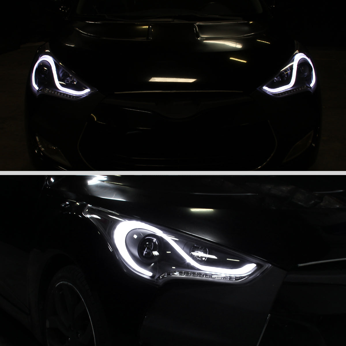 Ronnin - Fits 2012-2017 Hyundai Veloster Upgrade LED Running Light Tube Sequential Turn Signals Projector Headlights Assembly Pair | Black