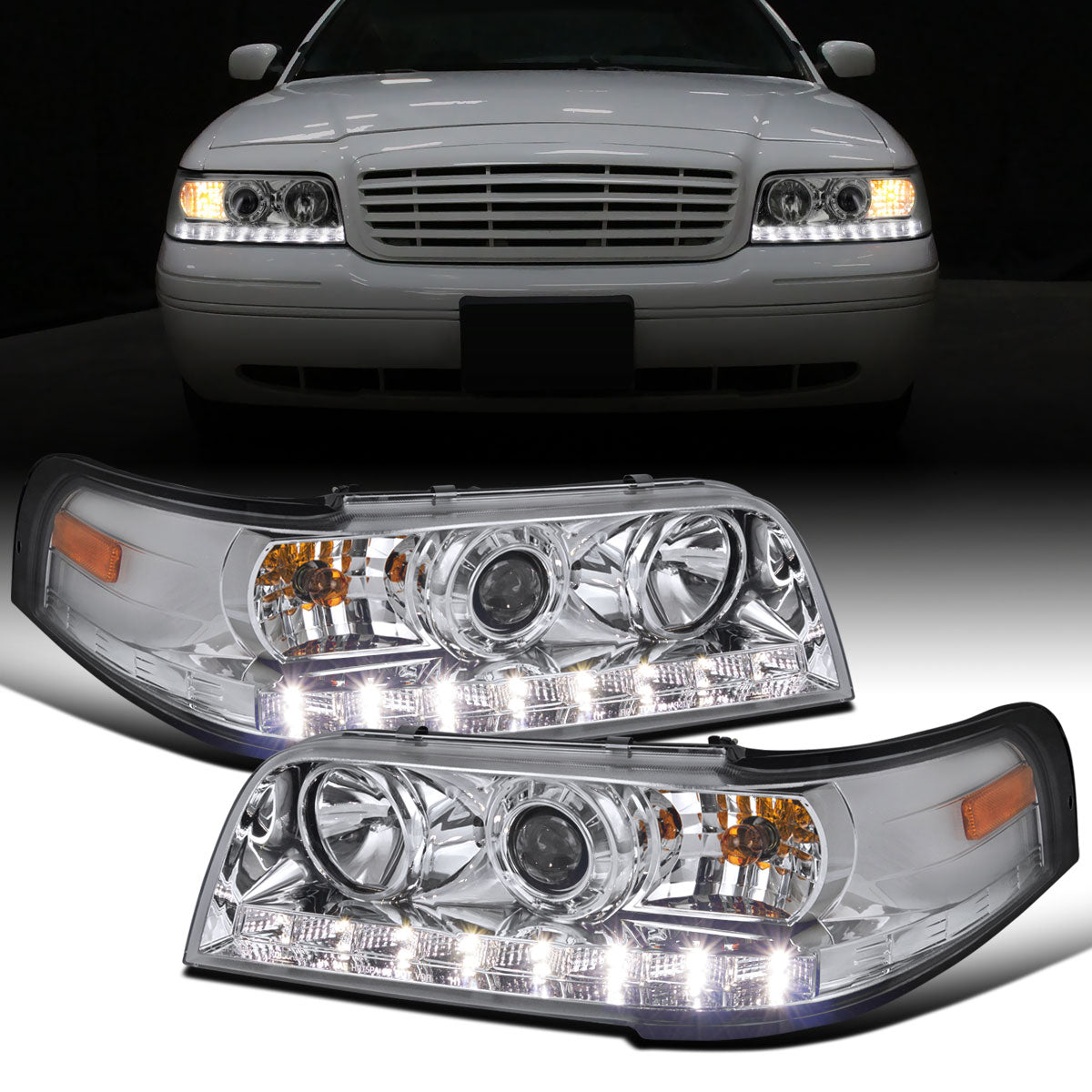 Ronnin - Fits 1998-2011 Ford Crown Victoria Sleek Upgrade LED Strip Running Lights Projector Headlights Assembly Pair | Chrome