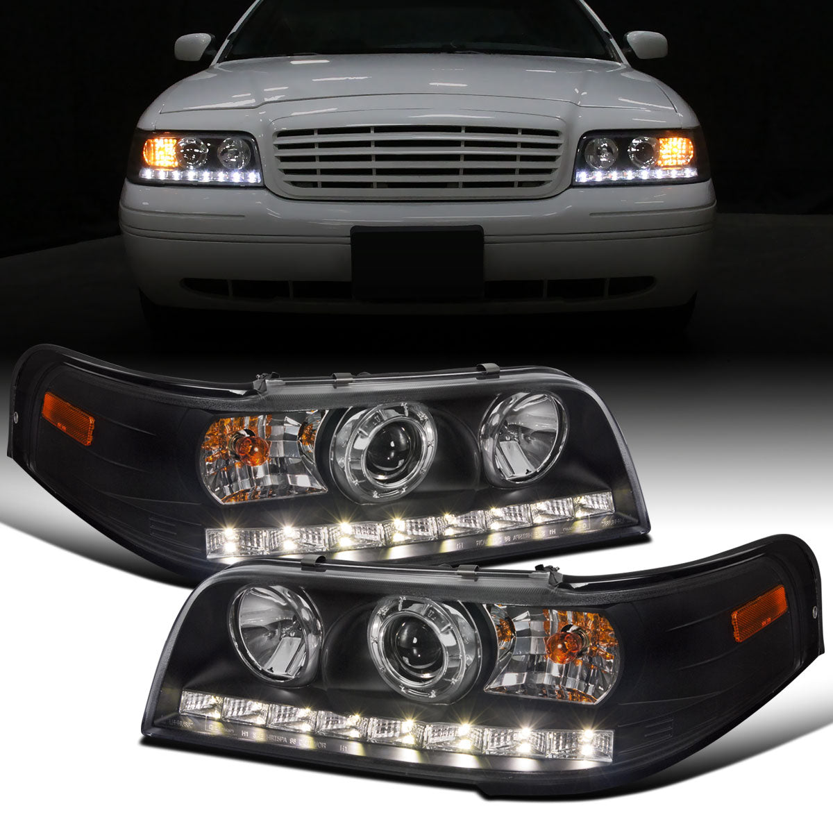 Ronnin - Fits 1998-2011 Ford Crown Victoria Sleek Upgrade LED Strip Running Lights Projector Headlights Assembly Pair | Black