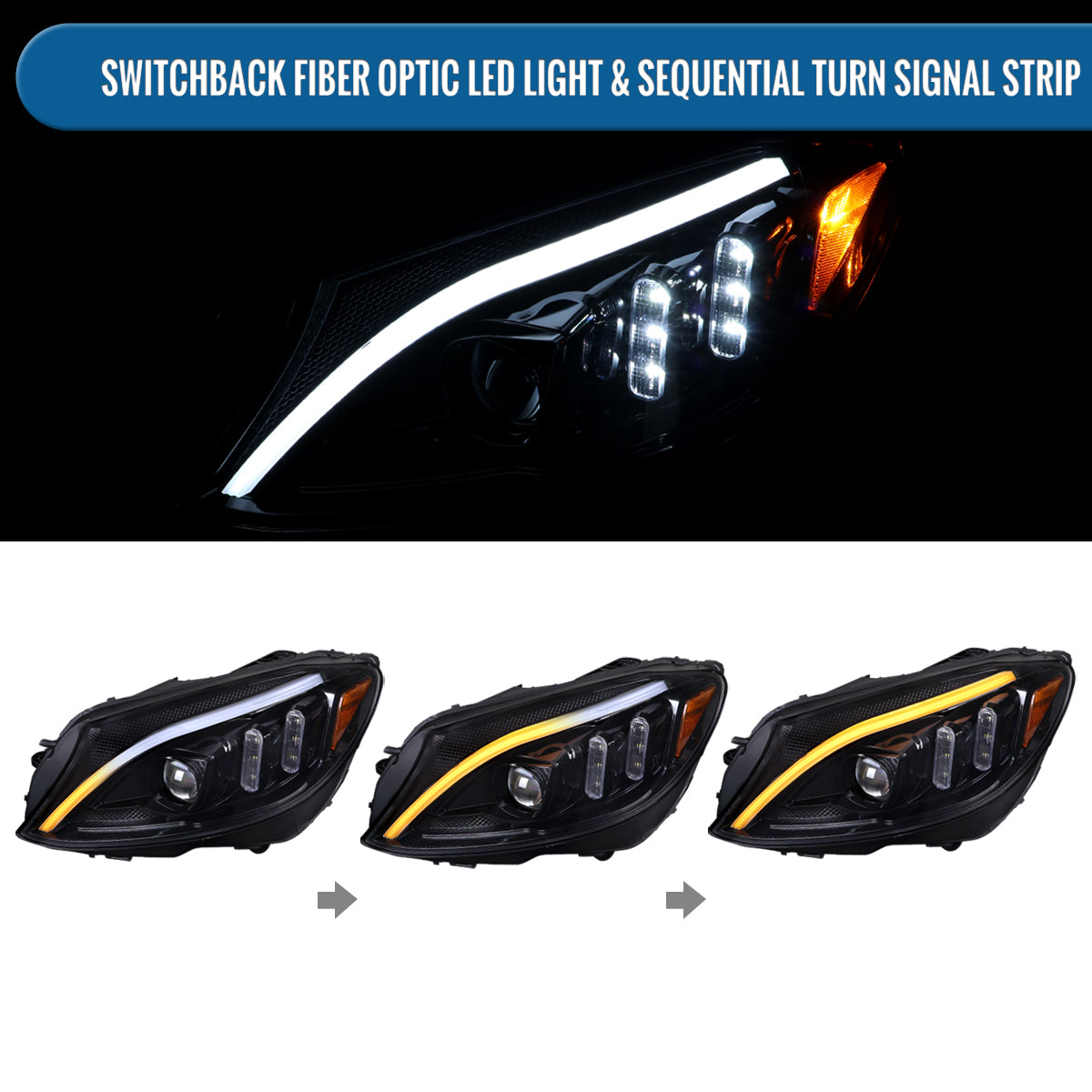 Ronnin - Fits 2015-2018 Mercedes-Benz C-Class W205 Upgrade Assembly LED Switchback Sequential Turn Signals Projector Halogen Headlights Replacement Pair | Gloss Black