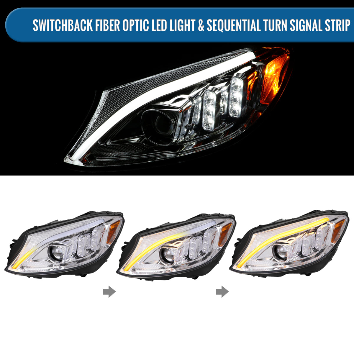 Ronnin - Fits 2015-2018 Mercedes-Benz C-Class W205 Upgrade Assembly LED Switchback Sequential Turn Signals Projector Halogen Headlights Replacement Pair | Chrome