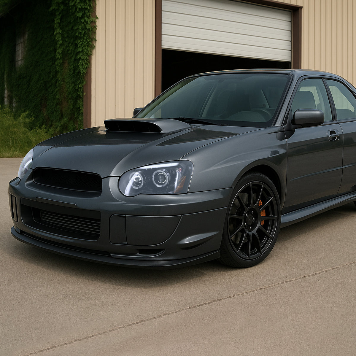 Ronnin - Fits 2004-2005 Subaru Impreza Upgrade LED Dual Halo Rims Projector Halogen Headlights Assembly Pair | Gloss Black