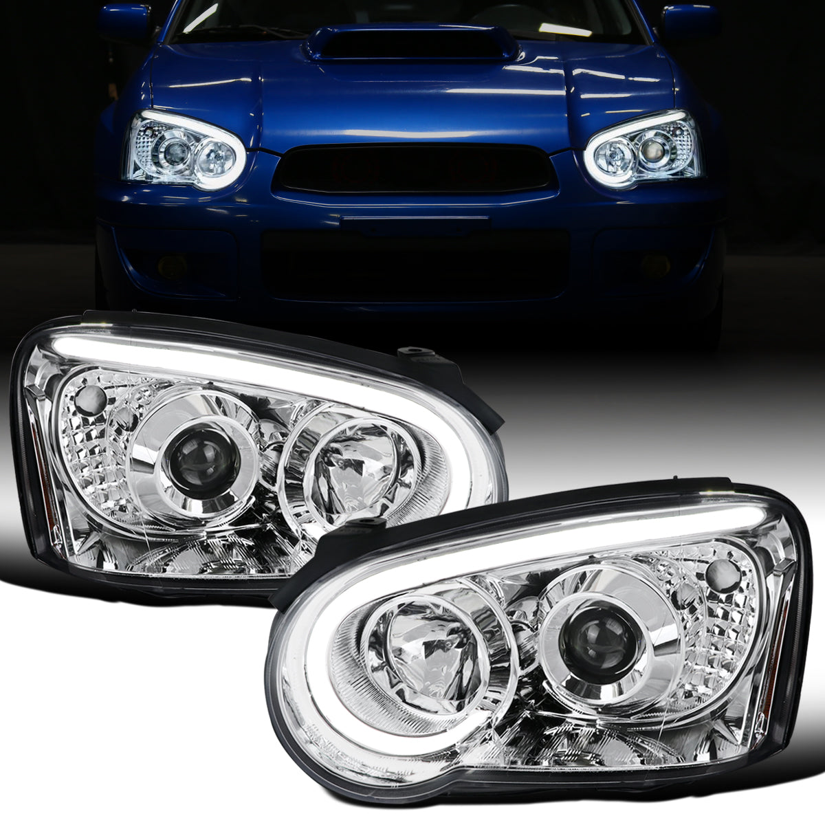 Ronnin - Fits 2004-2005 Subaru Impreza Upgrade Replacement LED Running Lights Tube Projector Halogen Headlights Assembly Pair | Chrome