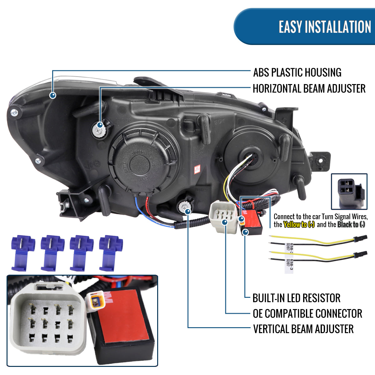 Ronnin - Fits 2015-2021 Subaru WRX STI Upgrade Assembly LED Sequential Turn Signals Projector Halogen Headlights Pair | Black