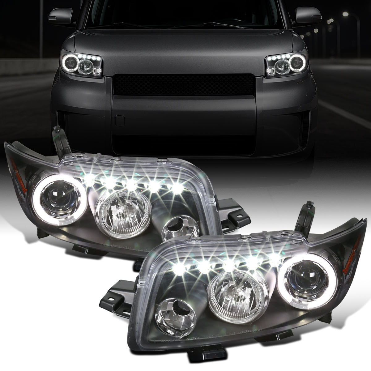 Ronnin - Fits 2008-2010 Scion xB Upgrade LED Halo Rims Running Lights Projector Headlights Assembly Pair | Black