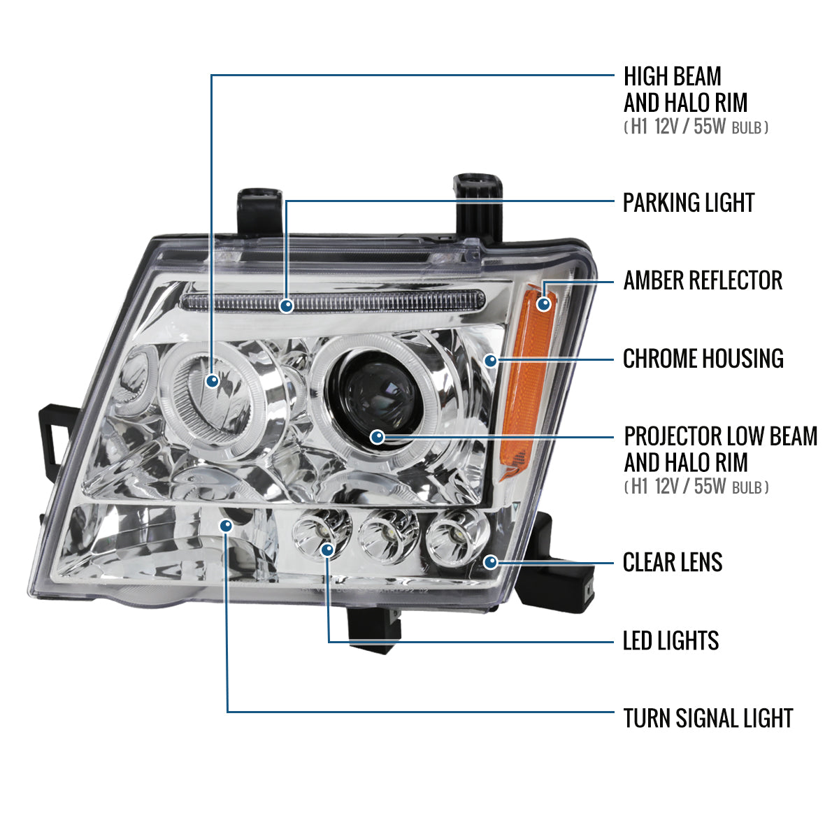Ronnin - Fits 2005-2015 Nissan Xterra LED Dual Rims Projector Headlights Assembly Replacement Pair | Chrome