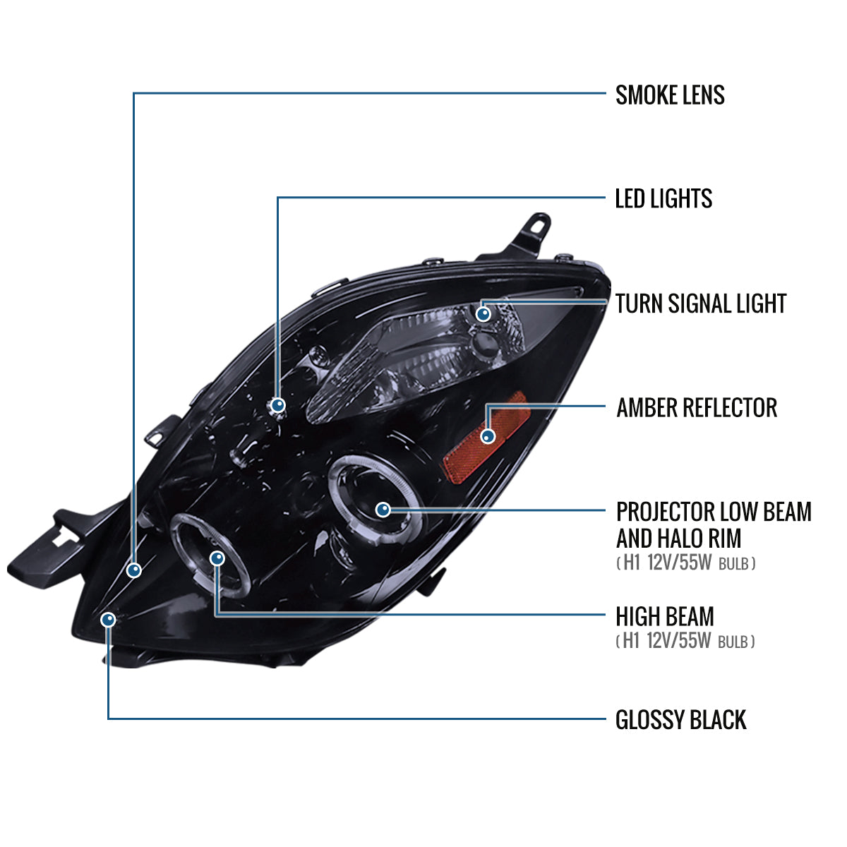 Ronnin - Fits 2006-2008 Toyota Yaris Hatchback LED Dual Halo Rims Running Lights Projector Headlights Assembly Pair | Black Smoke