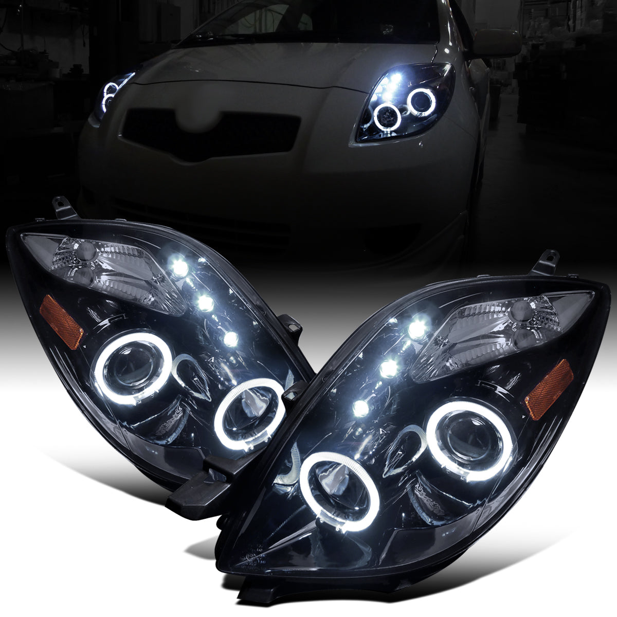 Ronnin - Fits 2006-2008 Toyota Yaris Hatchback LED Dual Halo Rims Running Lights Projector Headlights Assembly Pair | Black Smoke