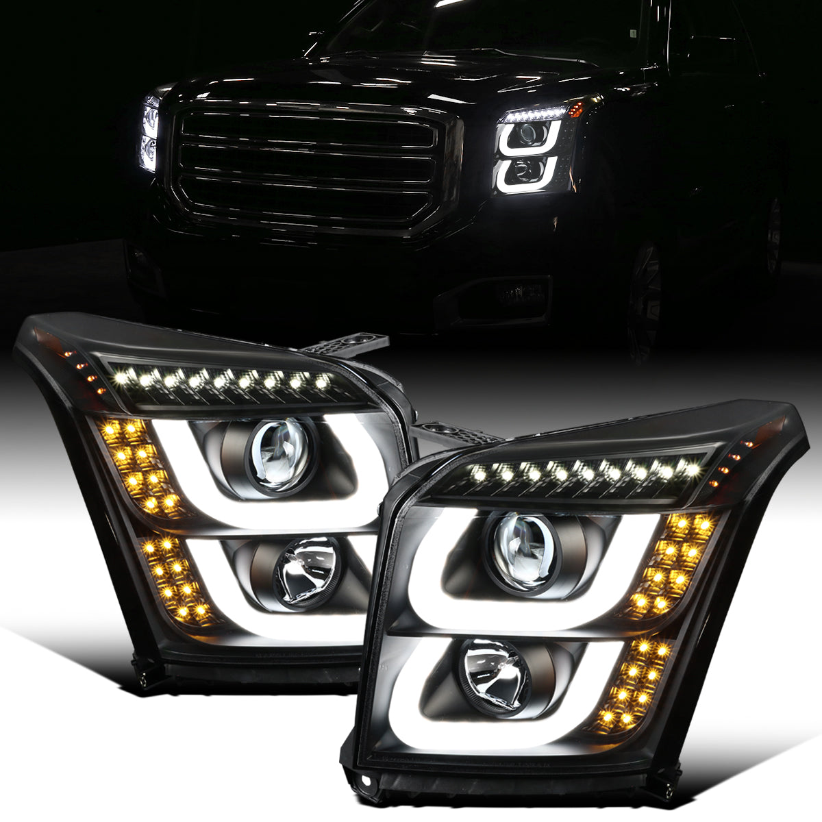 Ronnin - Fits 2015-2020 GMC Yukon/Yukon XL Upgrade Replacement LED Running Turn Signals Projector Headlights Assembly Pair | Black