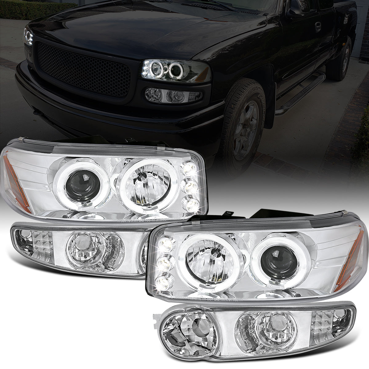 Ronnin - Fits 2000-2006 GMC Yukon XL Sierra Denali Upgraded  LED Dual Halo Rims Running Lights Projector Headlights + Factory Style Bumper Lamps Assembly Pair | Chrome