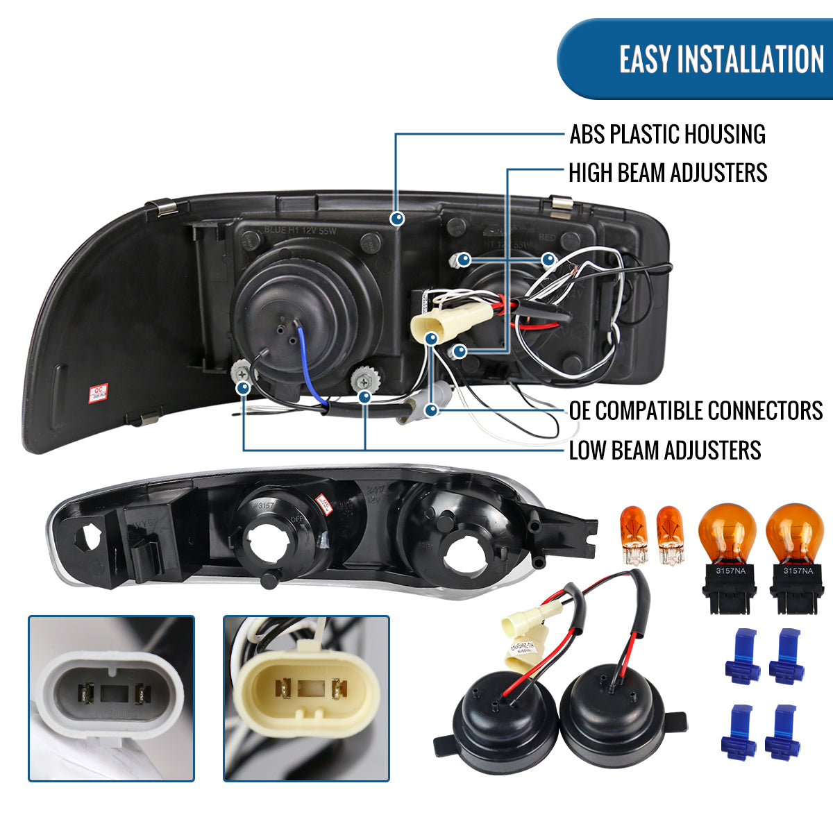 Ronnin - Fits 2000-2006 GMC Yukon XL Sierra Denali Upgraded LED Dual Halo Rims Running Lights Projector Headlights + Factory Style Bumper Lamps Assembly Pair | Glossy Black