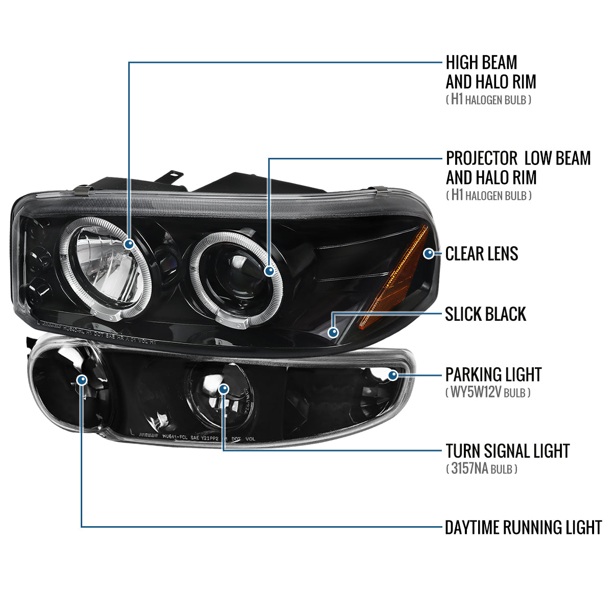 Ronnin - Fits 2000-2006 GMC Yukon XL Sierra Denali Upgraded LED Dual Halo Rims Running Lights Projector Headlights + Factory Style Bumper Lamps Assembly Pair | Glossy Black