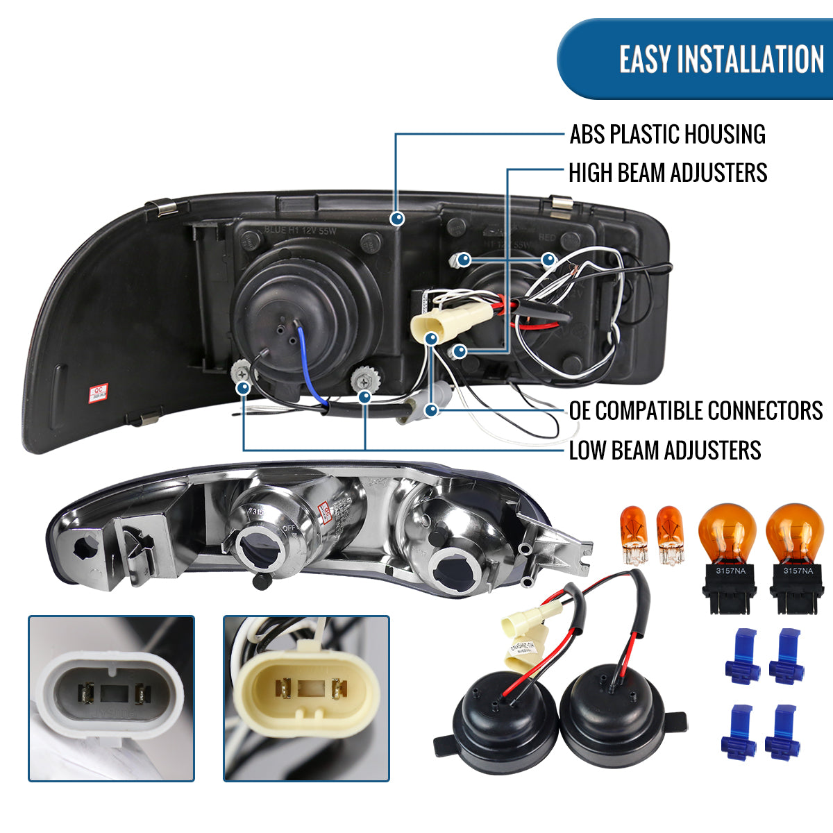 Ronnin - Fits 2000-2006 GMC Yukon XL Sierra Denali Upgraded LED Dual Halo Rims Running Lights Projector Headlights + Factory Style Bumper Lamps Assembly Pair | Black Smoke