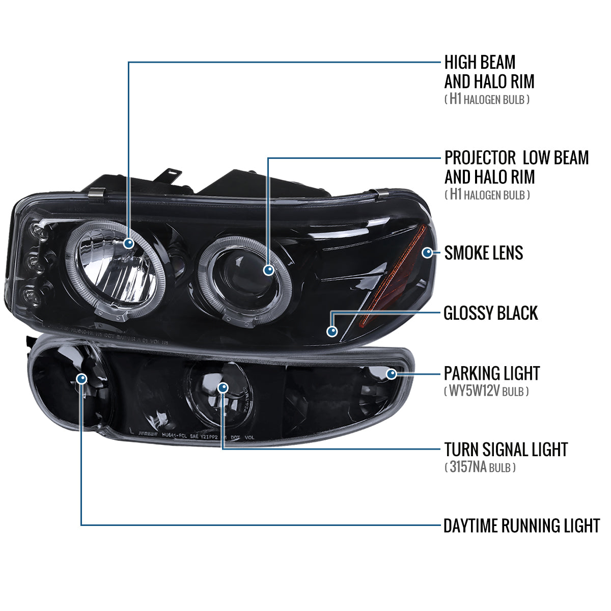 Ronnin - Fits 2000-2006 GMC Yukon XL Sierra Denali Upgraded LED Dual Halo Rims Running Lights Projector Headlights + Factory Style Bumper Lamps Assembly Pair | Black Smoke