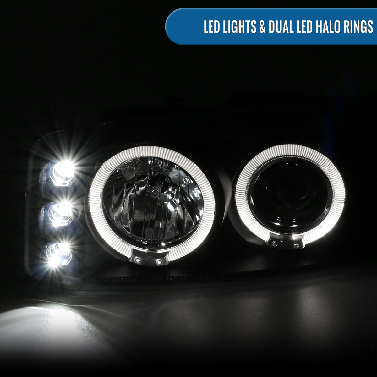 Ronnin - Fits 2000-2006 GMC Yukon XL Sierra Denali Upgraded Replacement LED Dual Halo Rims Running Lights Projector Headlights + Factory Style Bumper Lamps Assembly Pair | Black
