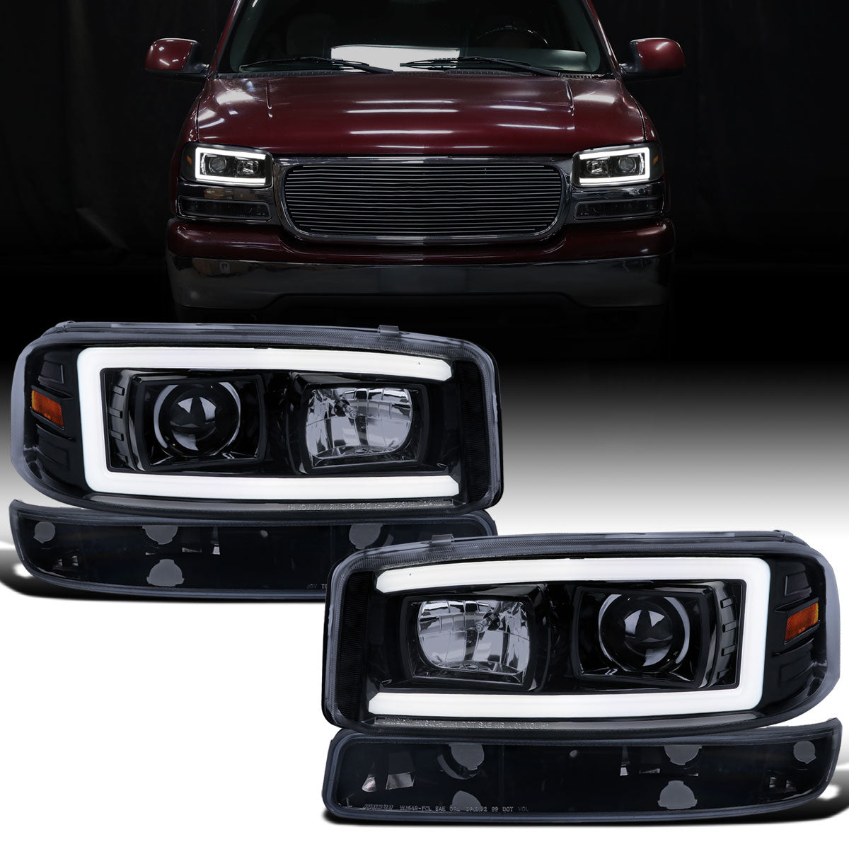 Ronnin - Fits 1999-2007 GMC Yukon XL Sierra Classic Upgraded Replacement LED Tube Running Lights Projector Headlights + Factory Style Bumper Lamps Assembly Pair | Black Smoke