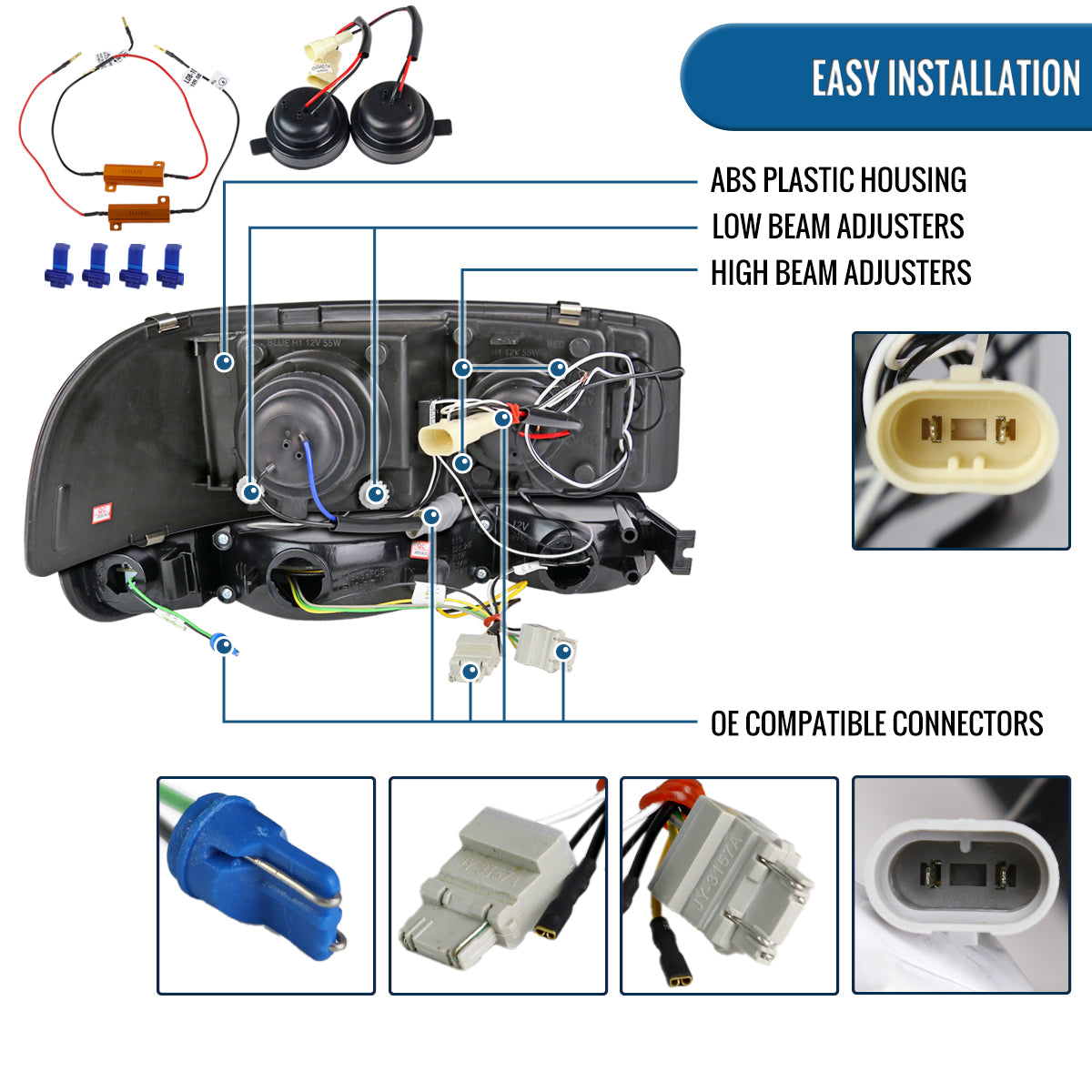 Ronnin - Fits 1999-2007 GMC Yukon XL Sierra Classic Upgraded Replacement LED Dual Halo Rims Running Lights Projector Headlights + Full LED Bumper Sequential Turn Signals Assembly Pair | Black Smoke