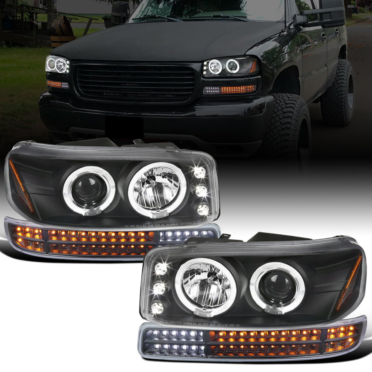 Ronnin - Fits 1999-2007 GMC Yukon XL Sierra Classic Upgraded Replacement LED Dual Halo Rims Running Lights Projector Headlights + Full LED Bumper Sequential Turn Signal Lamps Assembly Pair | Black